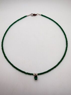~20" Revived! Dyed green 3mm quartz beads w/ oval cut quartz necklace in 925!